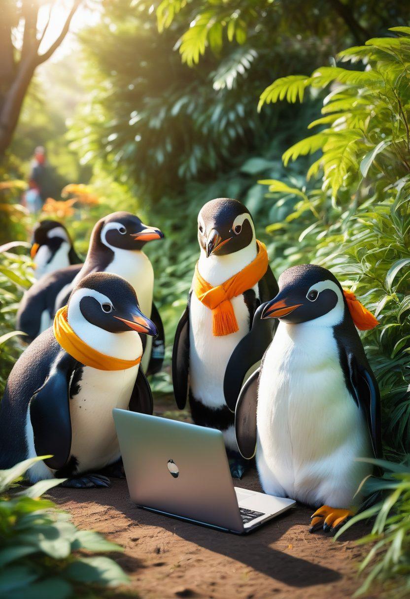 A vibrant and welcoming scene depicting a diverse group of Linux enthusiasts collaborating joyfully at a colorful outdoor event. They are sharing ideas over laptops and snacks, surrounded by lush greenery and banners with penguin mascots. Expressions of contentment and teamwork radiate from the group, capturing the spirit of community and collaboration. Soft sunlight filters through trees, creating a warm atmosphere. saturated colors. illustrated style.