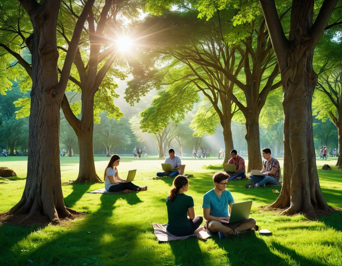 A serene landscape depicting a diverse community of people collaborating on open source projects using laptops in a lush green park, surrounded by trees and sunlight filtering through leaves. In the background, iconic Linux symbols subtly integrated into nature. An atmosphere of harmony and joy, emphasizing connection and learning. super-realistic. vibrant colors. soft focus.